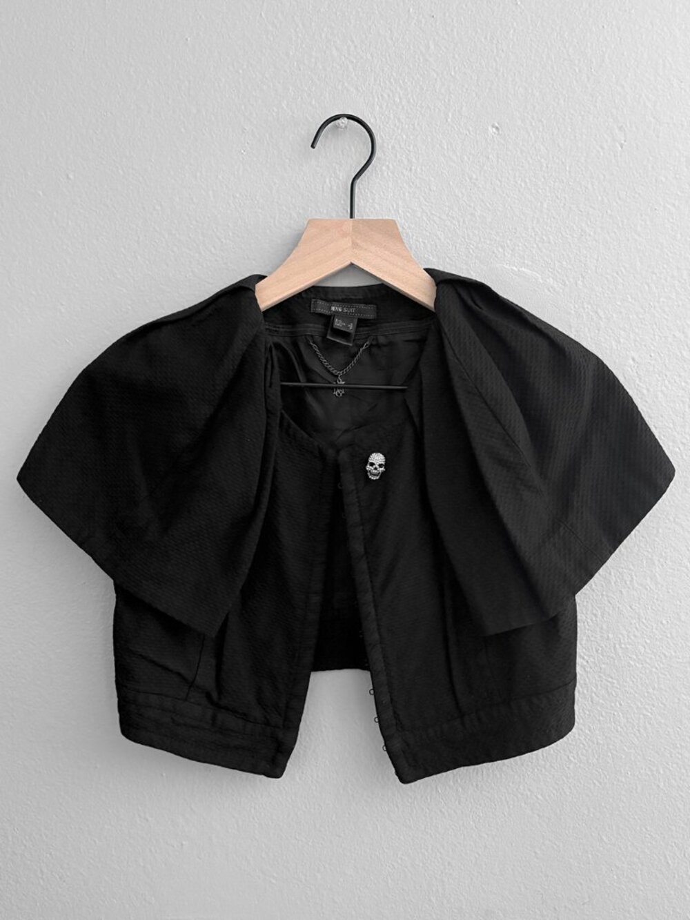 MNG Suits Cropped Bolero Jacket | Black Textured Fabric | Skull Rhinestone Detai